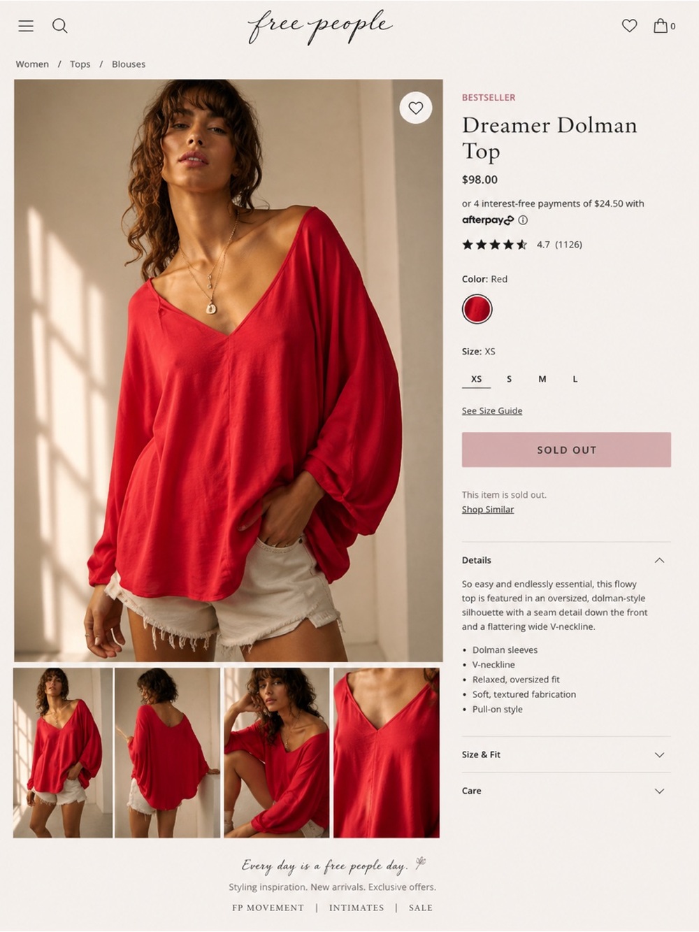 Free People Red Dreamer Dolman V-Neck Top